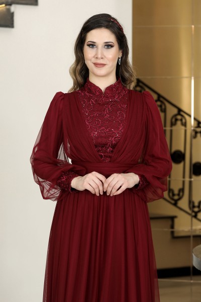 Seyran Tesettür Abiye -  Bordo - Fuval Moda